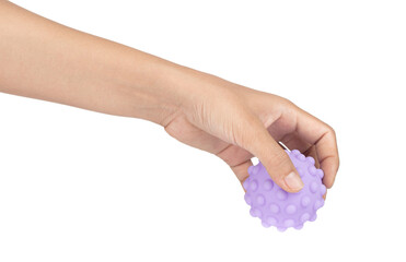 Hand holding Rubber ball toy isolated on white background