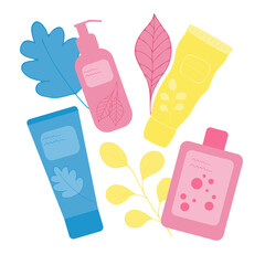 A set of various cosmetics for hair care. A set of cosmetics and hair products in bottles, tubes and jars. Color flat vector illustration isolated on a white background.
