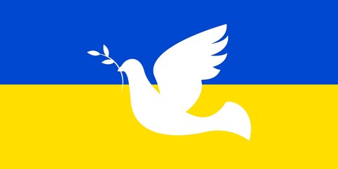 Dove on the background of the Ukrainian flag. Dove with a sprig symbol of peace