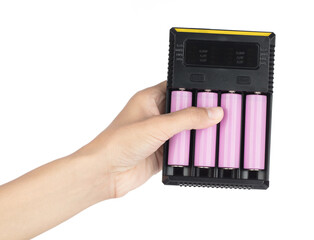 Hand holding Battery Charger with 3.7V 18650 Lithium Battery Rechargeable isolated on white background