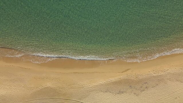 Clear water waves rolling into a golden sandy beach aerial top down view