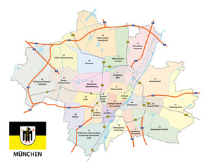 road and administrative map of the bavarian capital munich  - obrazy, fototapety, plakaty