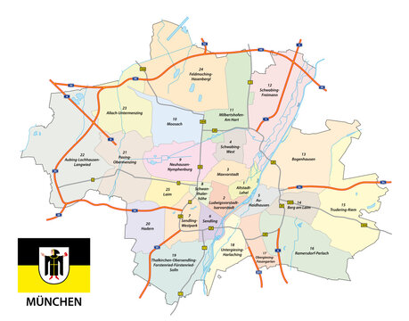 road and administrative map of the bavarian capital munich 
