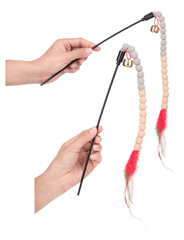 Fototapeta premium Set of Hand holding feather toy for cat isolated on a white background