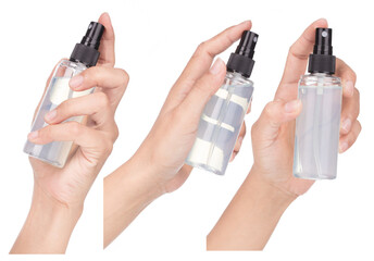 Collection of Hand holding Spray bottle isolated on white background