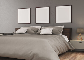 Bedroom with bed and pillows.3d Image with a dark wall contrasting with three empty canvases with a black frame. Room with a dark and tidy wooden bed. Details of textile textures