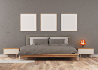 Modern interior design.Image 3d with dark wall contrasting with three empty canvases. Room with a dark wooden bed. Contrasts a table with a small lamp on. Light parquet. Details of textile textures