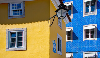 Sintra, Portugal Blue and yellow facade of the houses