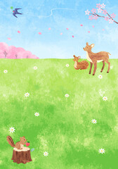 Naklejka premium 手描き水彩 春の野原にいる可愛い動物たちの背景イラスト（縦長） 03