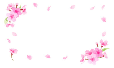 手描き水彩　桜のフレーム　横長