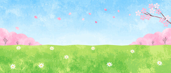 手描き水彩　桜と野原と空の背景イラスト © fuwari