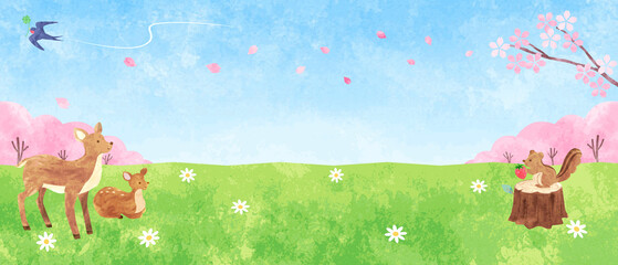 手描き水彩　春の野原にいる可愛い動物たちの背景イラスト（横長）　03