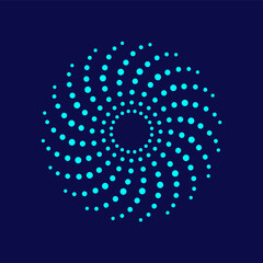 Cyan halftone logo on dark blue background. Technology background swirl design element. Dotted whirl spiral. Circular spinning whirl symbol. Abstract twist effect. Vector illustration, flat, clip art