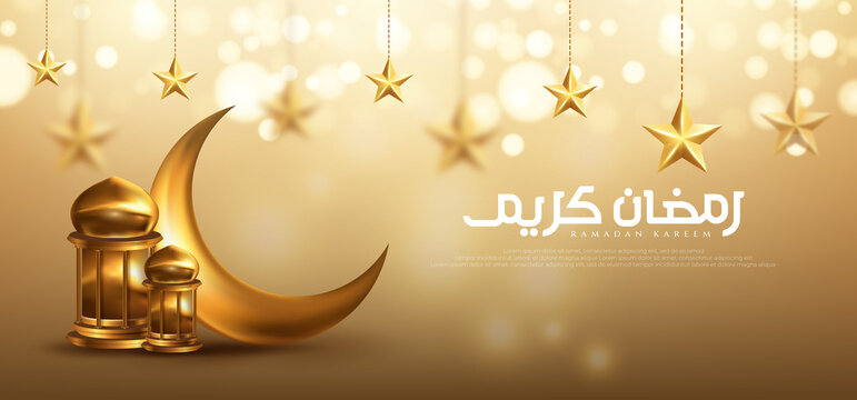 Luxury ramadan kareem greeting background with crescent moon, gold stars and lantern