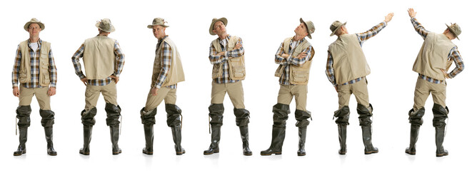 Profile, front and back view of man, fisherman standing alone isolated on white background. Concept of hobby, business, caree, job, sales, ad.