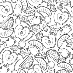 Cocktail garnish seamless pattern. Vector line art illustration. Food and herbs