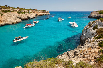 Turquoise waters in Mallorca. Pilota cove. Mediterranean coastline. Balearic islands