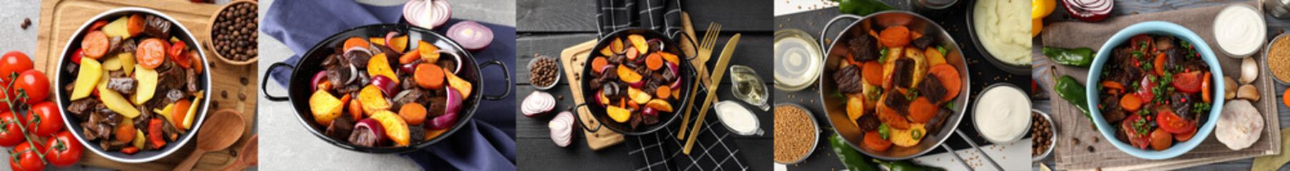 Photo collage of compositions with beef with vegetables