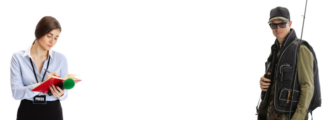 Two young man and woman of different professions, journalist and fisherman isolated on white studio background. Concept of occupation, diversity, caree, labor. Flyer