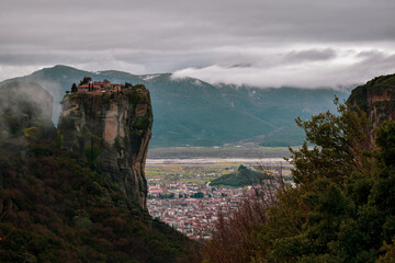 Meteora monastery covered by winters clouds