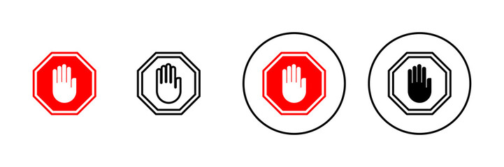 Stop icons set. stop road sign. hand stop sign and symbol. Do not enter stop red sign with hand