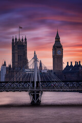 Colorful sunset view of the Big Ben clocktower at Westminster, London, England
