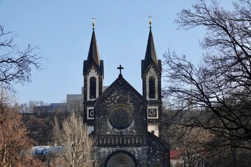 Church of Saints Cyril and Methodius in Karlin, Prague, Czech Republic. Front view over the Karlin square. High quality photo