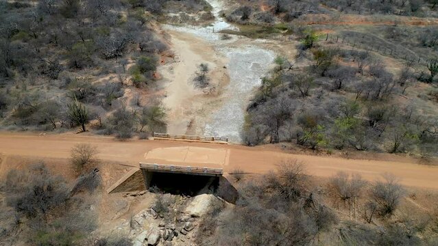 Aerial view of dry riverbed in caatinga biome due to lack of rain in northeast Brazil
