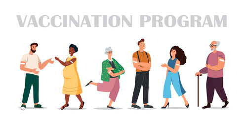 Diverse Male and Female, Young and Old Pensioners,Pregnant Characters Vaccination Landing Page Template.Immunization,Health Care Concept.Vaccinated People Group Show Patch. Cartoon Vector Illustration - obrazy, fototapety, plakaty