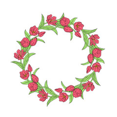 Pink line art tulips flowers wreath isolated on white background
