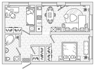 Floor plan of apartments. Standard home furniture symbols set used in architecture plans. Home planning icon set, graphic design elements. Big flat room - top view plan. Vector blueprint