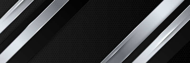 Obraz premium Abstract black silver metallic carbon neutral overlap light hexagon mesh design modern luxury futuristic technology background. Game tech wide banner vector illustration.
