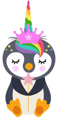 Cute unicorn penguin holding star magic wand