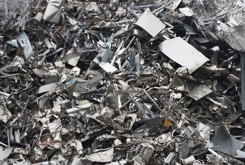 Aluminum and ferrous materials scrap ready for recycling. Full frame, background and texture. - obrazy, fototapety, plakaty