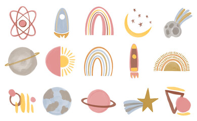 Big Vector Collection of space objects in boho style. Hand drawn watercolor set for nursery decor. Boho baby set. © NMjrw