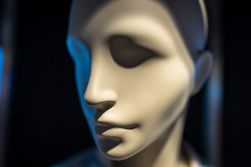 Mannequin head in a window of a mall on the dark background