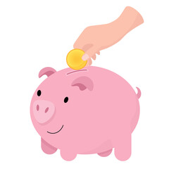 A woman's hand puts a coin in a piggy bank