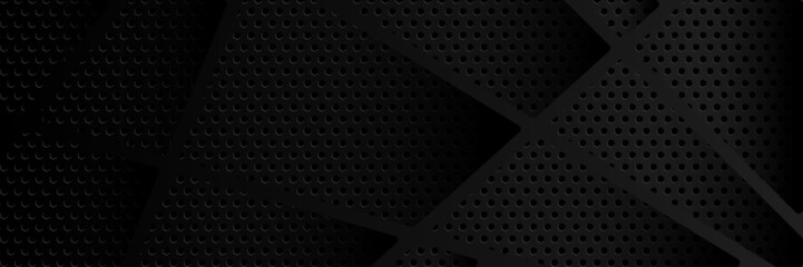 Abstract black metallic carbon neutral overlap light hexagon mesh design modern luxury futuristic technology background. Game tech wide banner vector illustration.