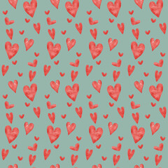 Seamless pattern with red watercolor hearts on light blue background. Valentines day romantic background.