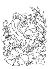 Coloring page with Tiger. Predator between tropical flowers and leaves. Coloring book for kids or adult. Worksheet. Sketch vector illustration