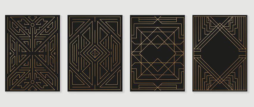 Luxury geometric pattern cover template. Set of abstract dark poster design with golden line, ornament, shapes. Elegant graphic design perfect for banner, background, wallpaper, invitation.