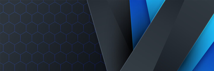 Abstract black blue metallic carbon neutral overlap light hexagon mesh design modern luxury futuristic technology background. Game tech wide banner vector illustration.