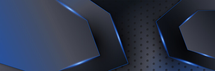 Abstract black blue metallic carbon neutral overlap light hexagon mesh design modern luxury futuristic technology background. Game tech wide banner vector illustration.