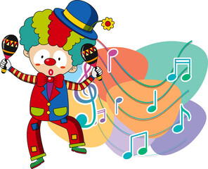 Clown shaking maracas with music notes on white background