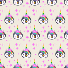 Seamless background of unicorn penguin face with stars