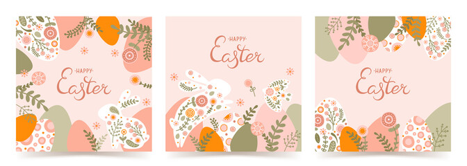 Set poster template with a silhouette of Easter eggs, rabbit and flowers in flat style. Illustration spring hare and eggs in pastel colors and space for your text. Vector