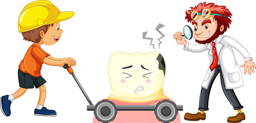 Dentist examining tooth decay with kid on white background