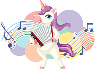 Cute purple unicorn playing accordion with music notes on white background