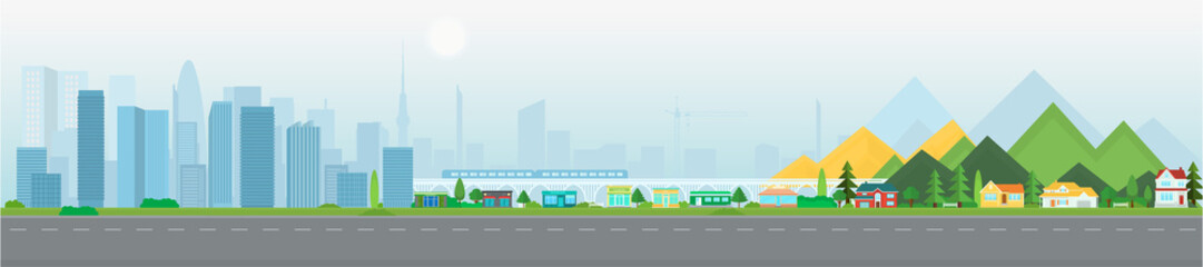 Vector poster with suburban houses and modern skyscrapers. Street view. Panoramic view.	