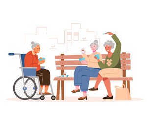 Elderly women play cards on a bench in a city park. An old woman in a wheelchair and her friends. Vector illustration in a flat style.